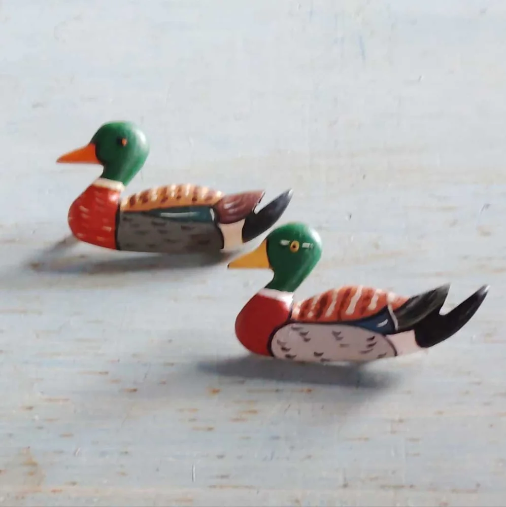 Pair Of Hand Painted Wooden Duck Brooches Signed By Artist 2